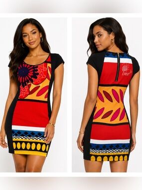 Desigual Graphic Bodycon Dress – Size M | Vibrant Art | Cap Sleeve | Zip Back